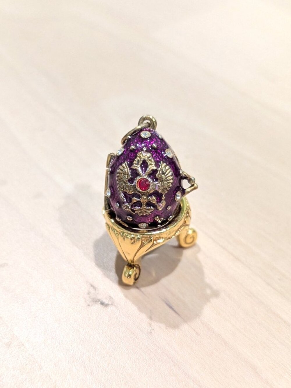 Vintage Faberge-Style Russian Eagle Egg Locket Charm w/ Cherub Surprise
